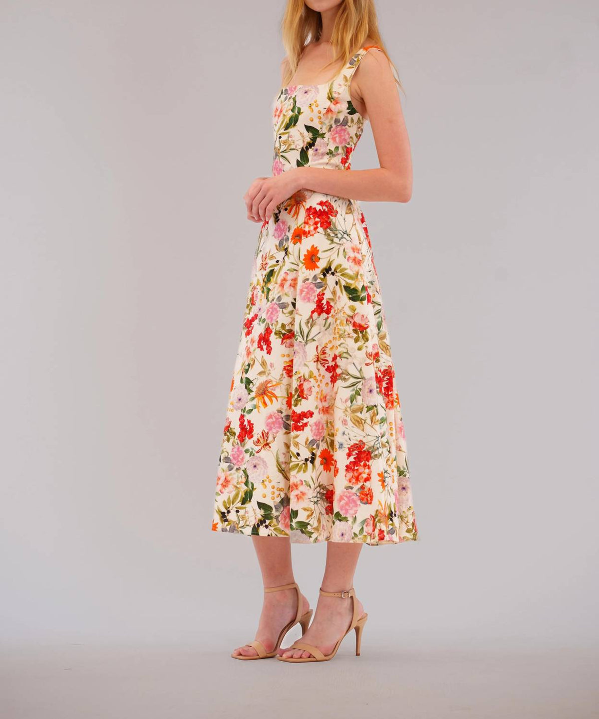 Square Neck Floral Linen-blend Midi Dress