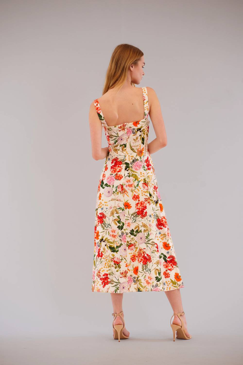 Square Neck Floral Linen-blend Midi Dress