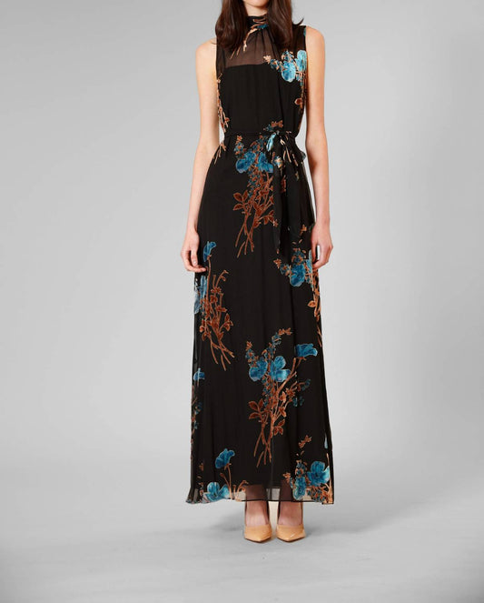 Velvet Print Overlay Gown With Tie Neck