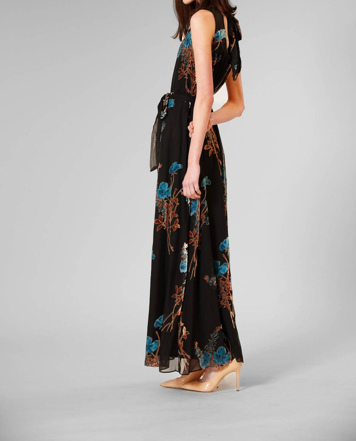 Velvet Print Overlay Gown With Tie Neck