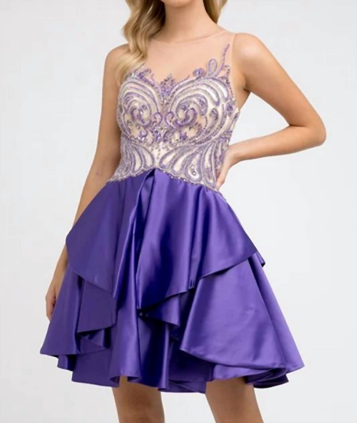 Jeweled Bodice Layered Skirt Short Dress