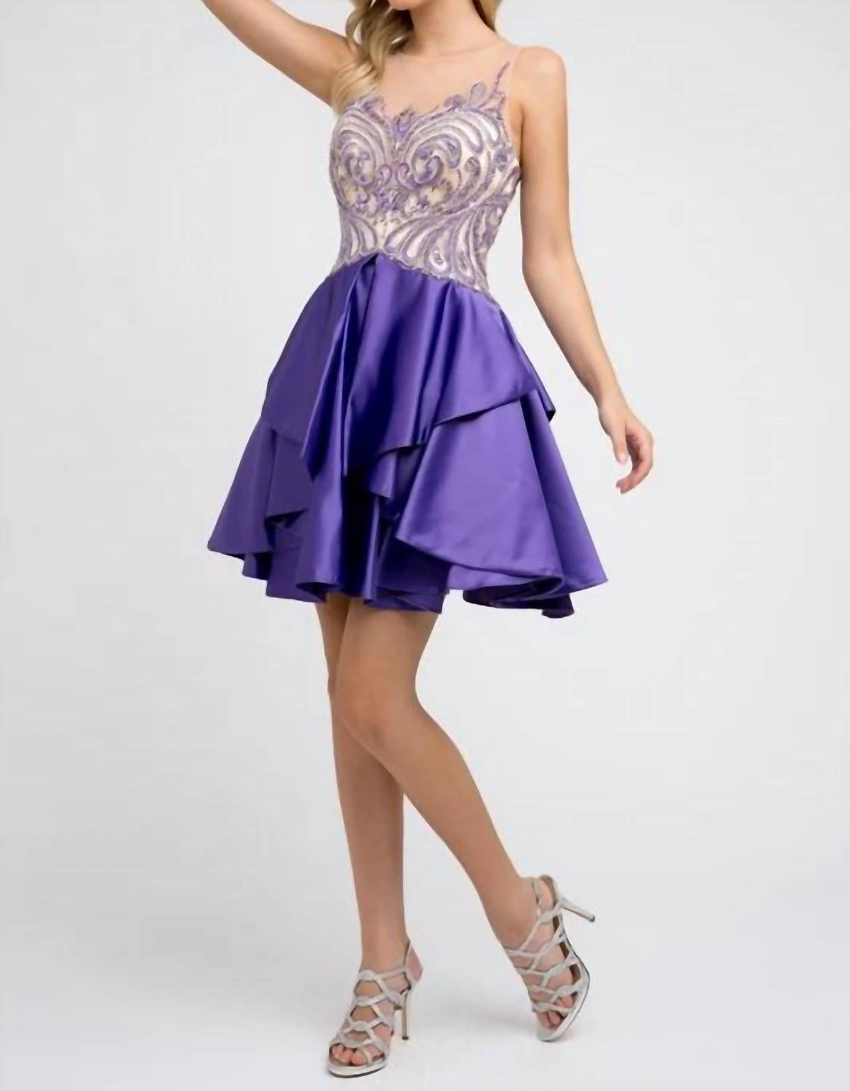 Jeweled Bodice Layered Skirt Short Dress