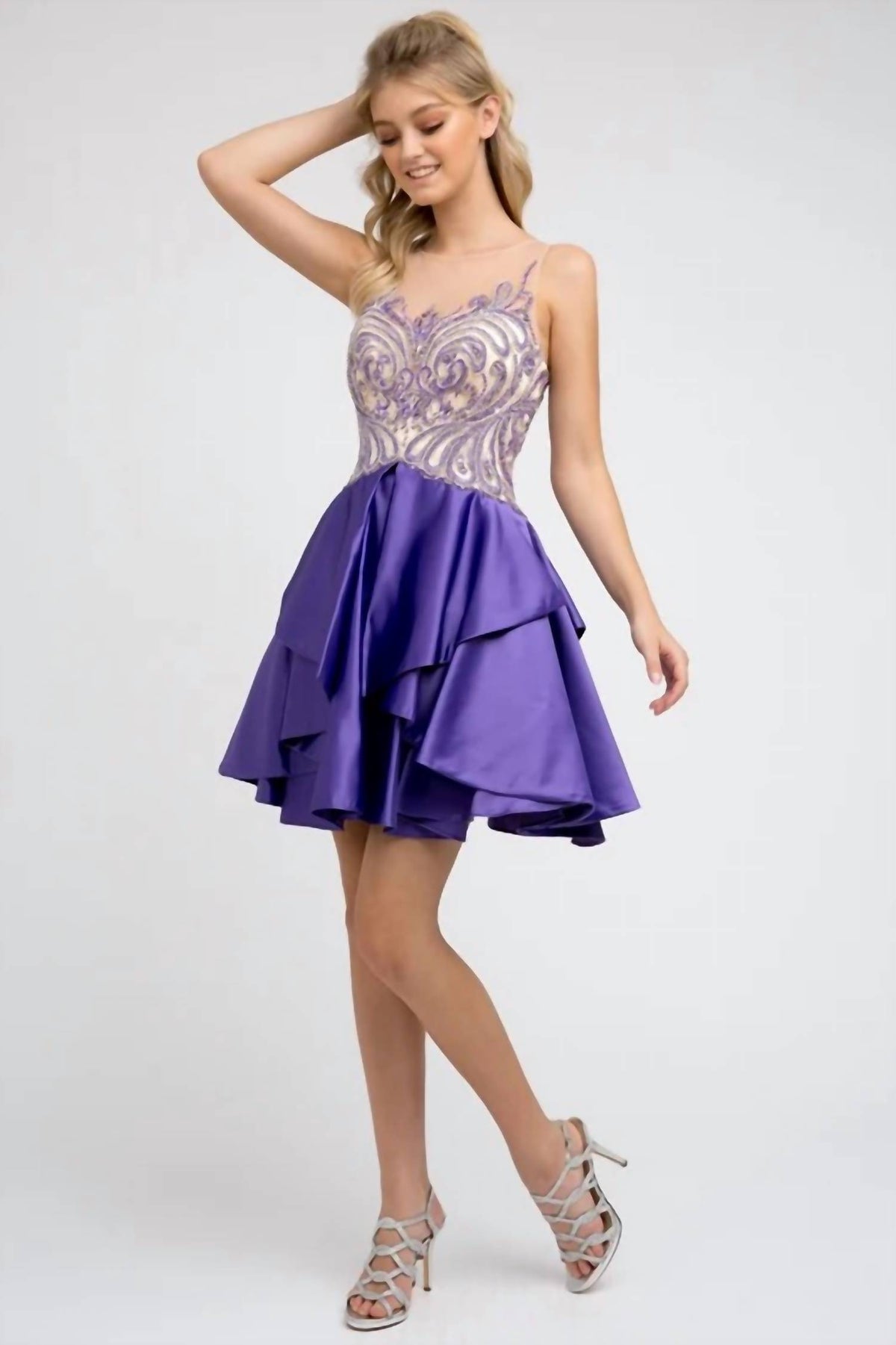 Jeweled Bodice Layered Skirt Short Dress