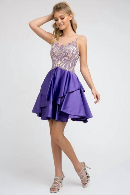 Jeweled Bodice Layered Skirt Short Dress