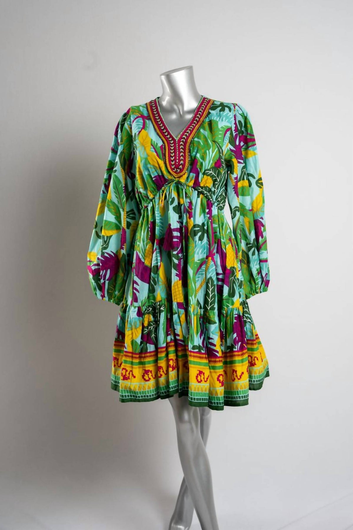 Women's Embroidered Neck Tropical Short Dress