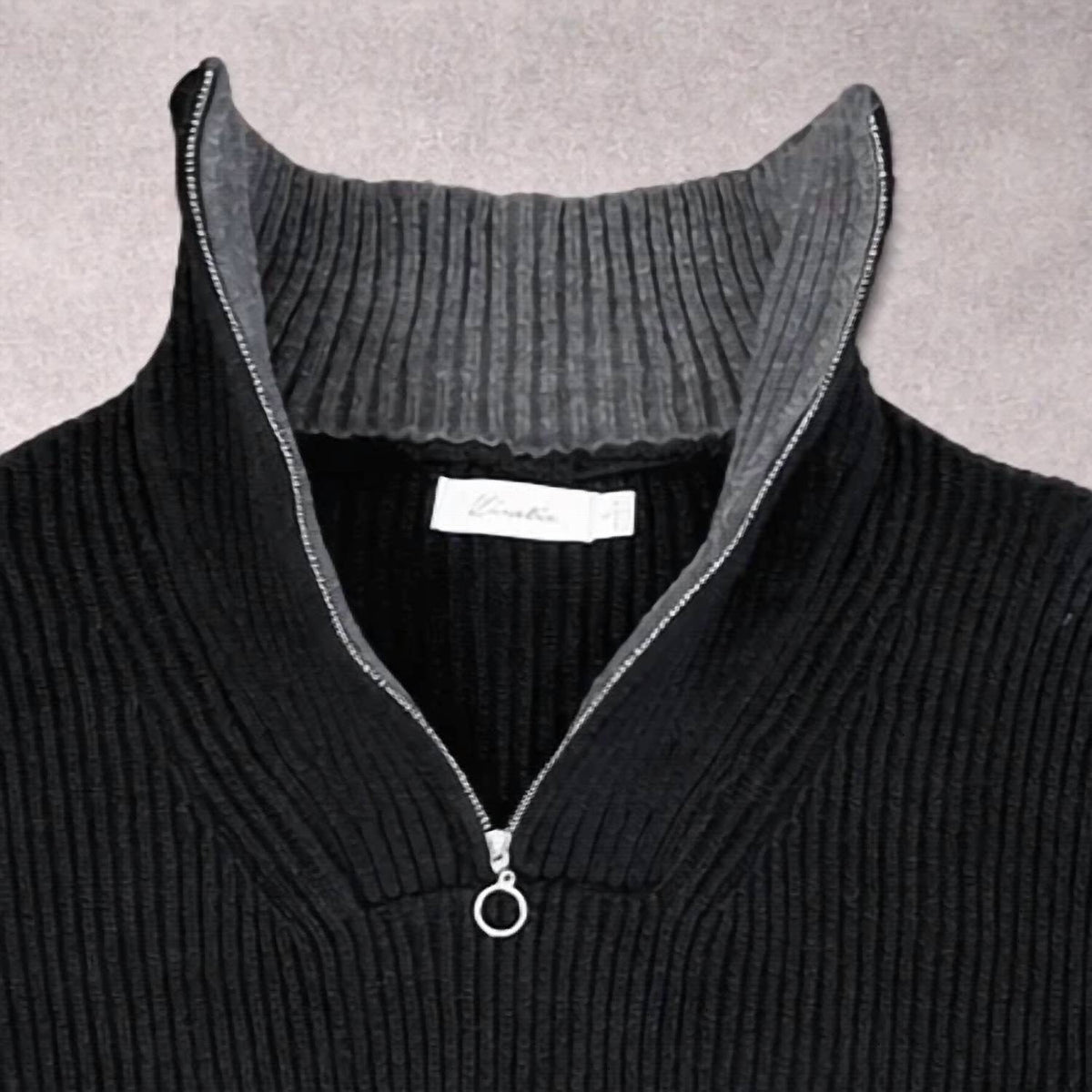 Kinetix Men's Newport Zip Long Sleeve Sweater in Raven Black With Steel Gray Interior Collar - view 4