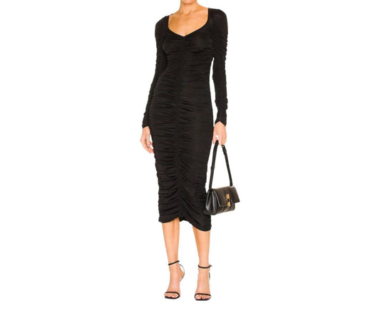 L'Academie Women's Nyla Ruched Midi Dress in Black