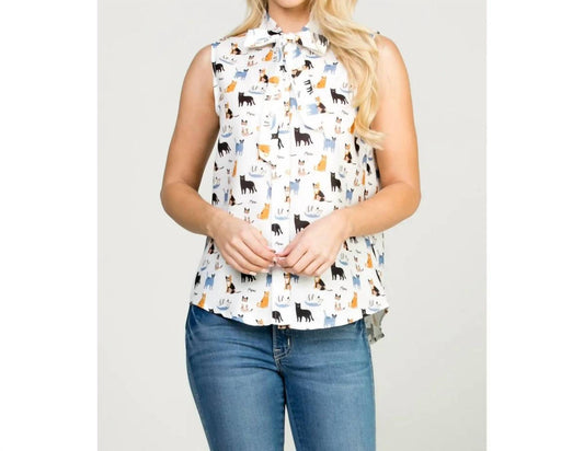 Cat Print Button Down Sleeveless Top