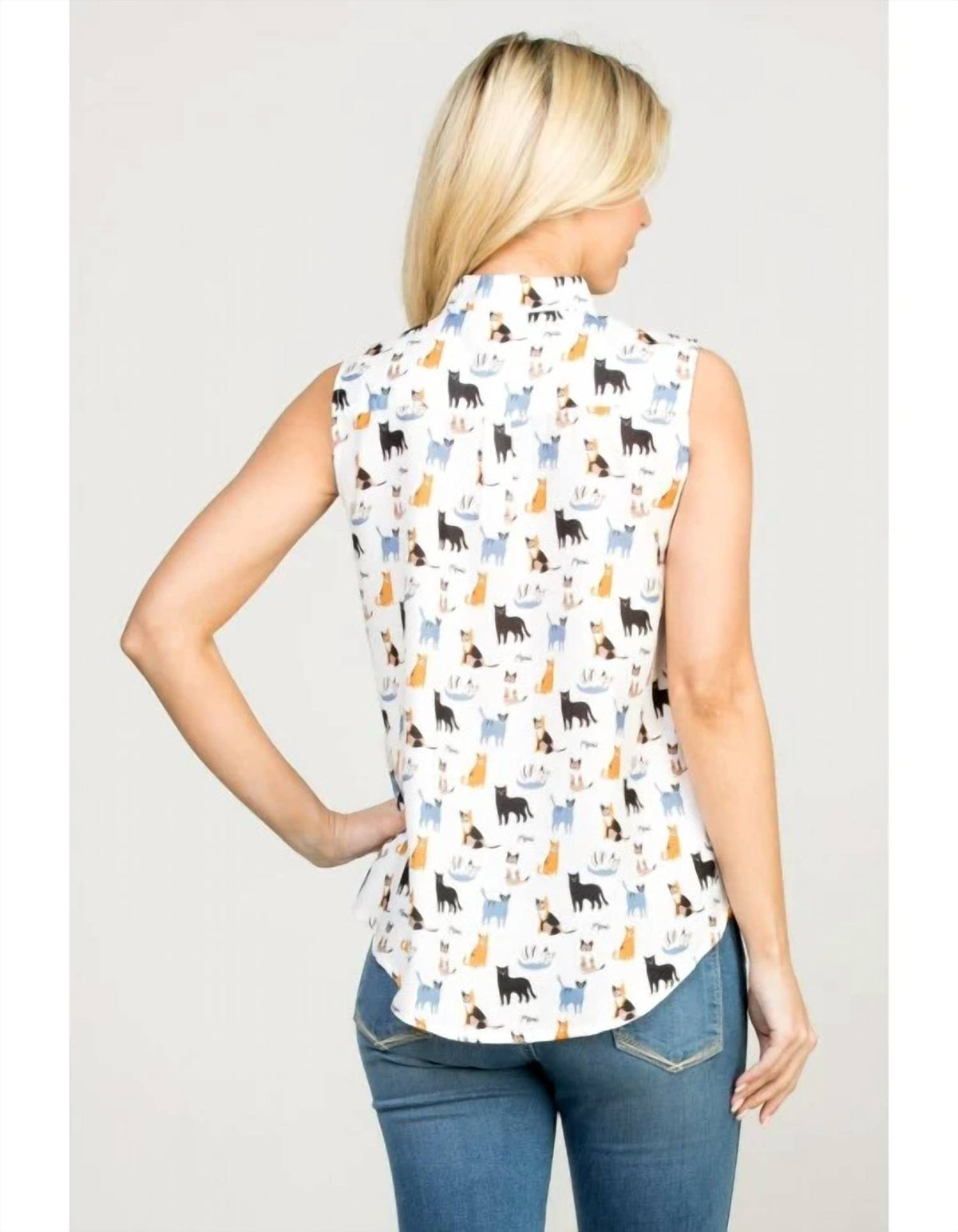 Cat Print Button Down Sleeveless Top