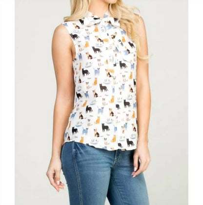 Cat Print Button Down Sleeveless Top