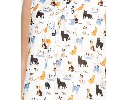 Cat Print Button Down Sleeveless Top