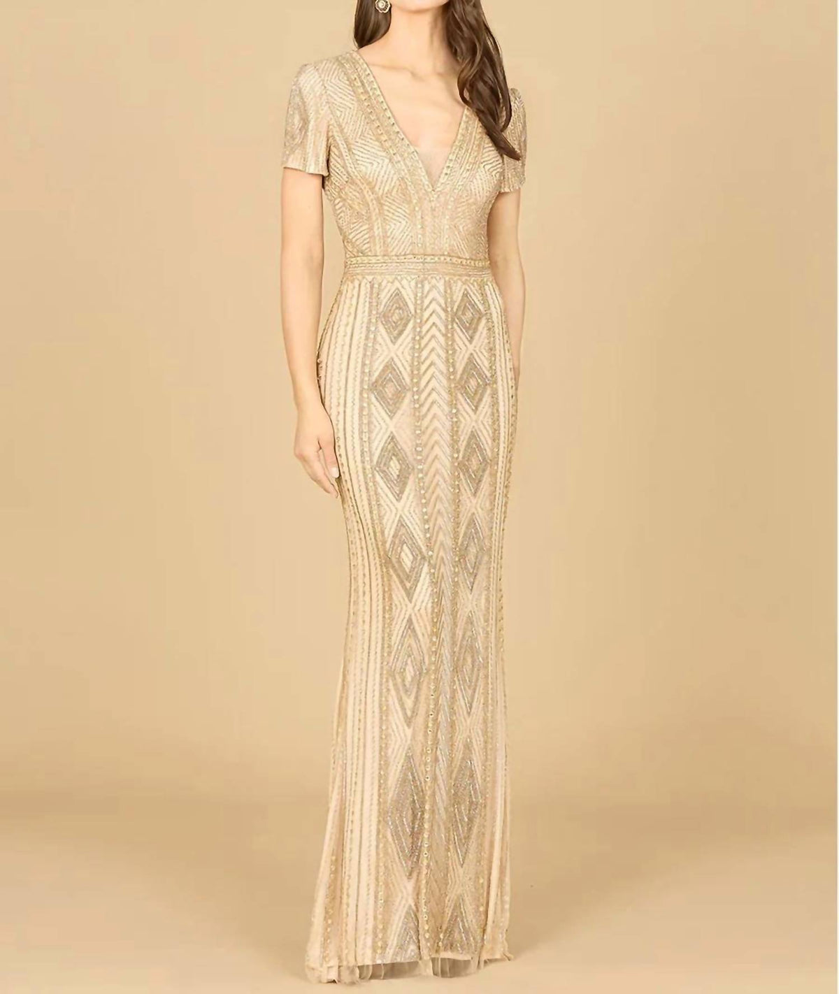 Beaded Short Sleeve Fitted Gown