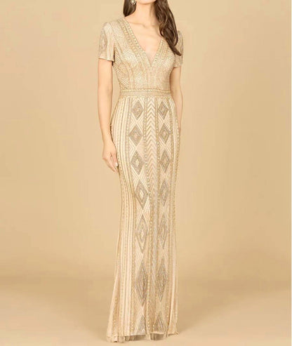Beaded Short Sleeve Fitted Gown