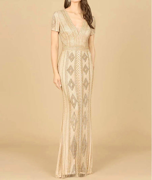 Beaded Short Sleeve Fitted Gown