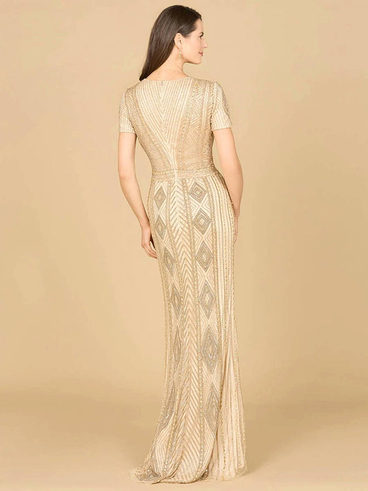 Beaded Short Sleeve Fitted Gown