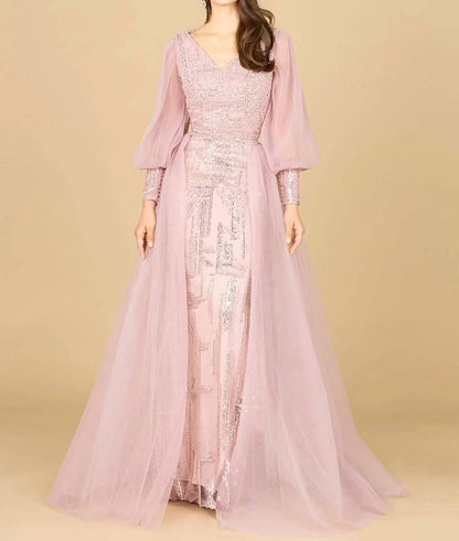 Long-sleeve Sequin Embellished Lace Gown