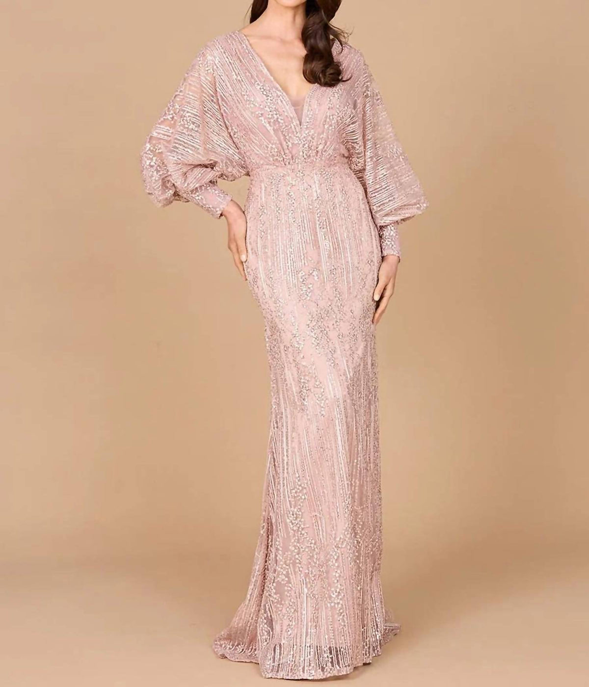 V-neck Straight Beaded Lace Gown