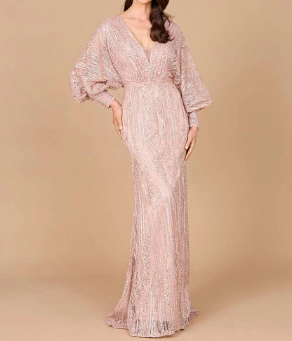 V-neck Straight Beaded Lace Gown