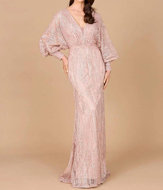 V-neck Straight Beaded Lace Gown