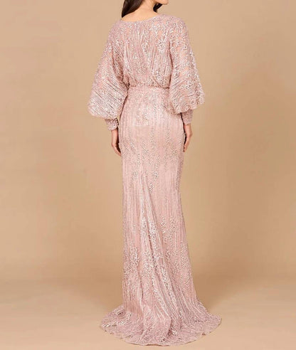 V-neck Straight Beaded Lace Gown