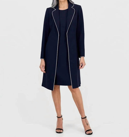 Contrast Piping Longline Coat And Sheath Mini Dress