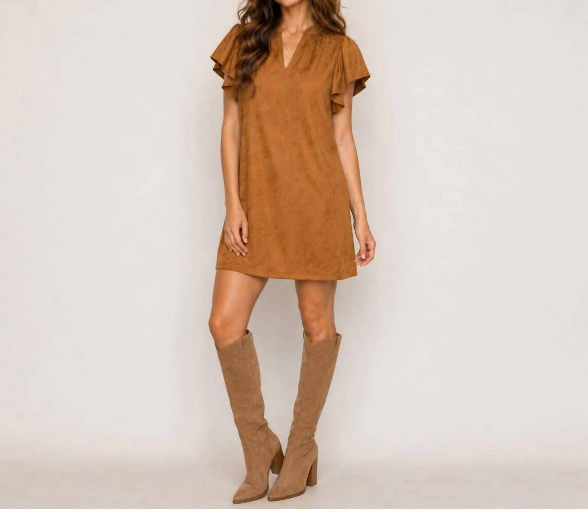 Women's Suede Flutter Sleeve Shift Mini Dress