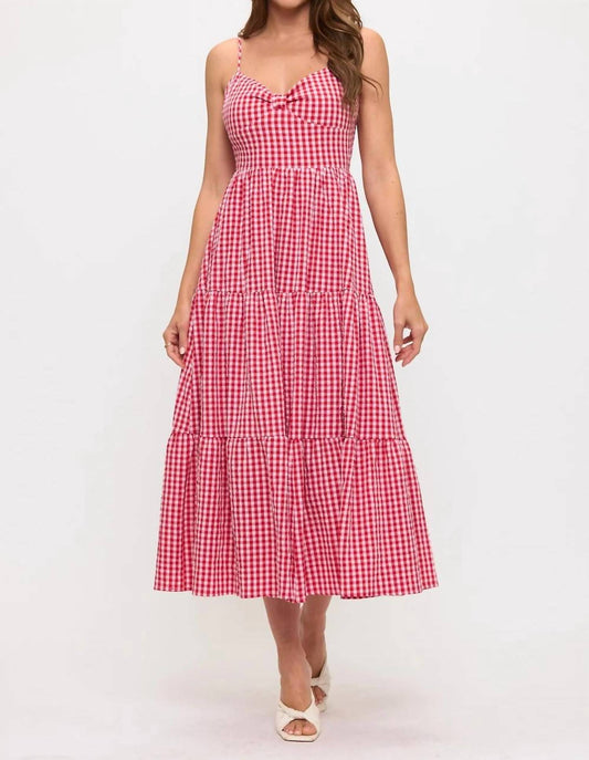 Gingham Bow Bust Tie Back Tiered Maxi Dress