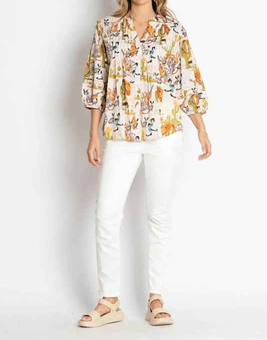 LulaLife Women's Hang Your Hat Pintuck Prairie Shirt in White Multi - view 2
