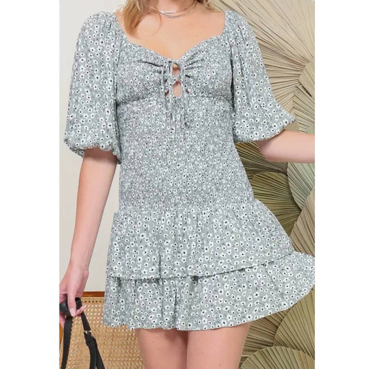 Floral Smocked Tie-front Ruffle Mini Dress