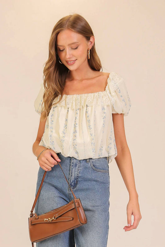 Lace Trim Floral Puff Sleeve Blouse