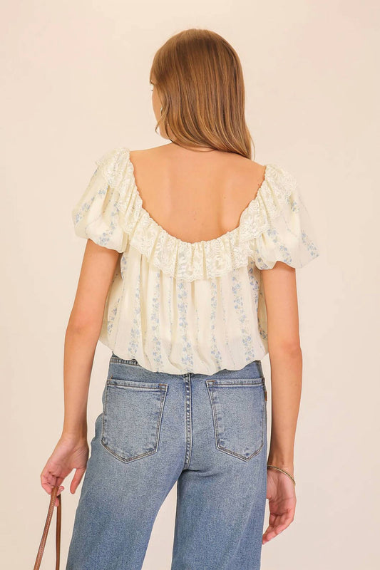 Lace Trim Floral Puff Sleeve Blouse