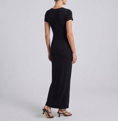 V-neck Short Sleeve Midi Dress