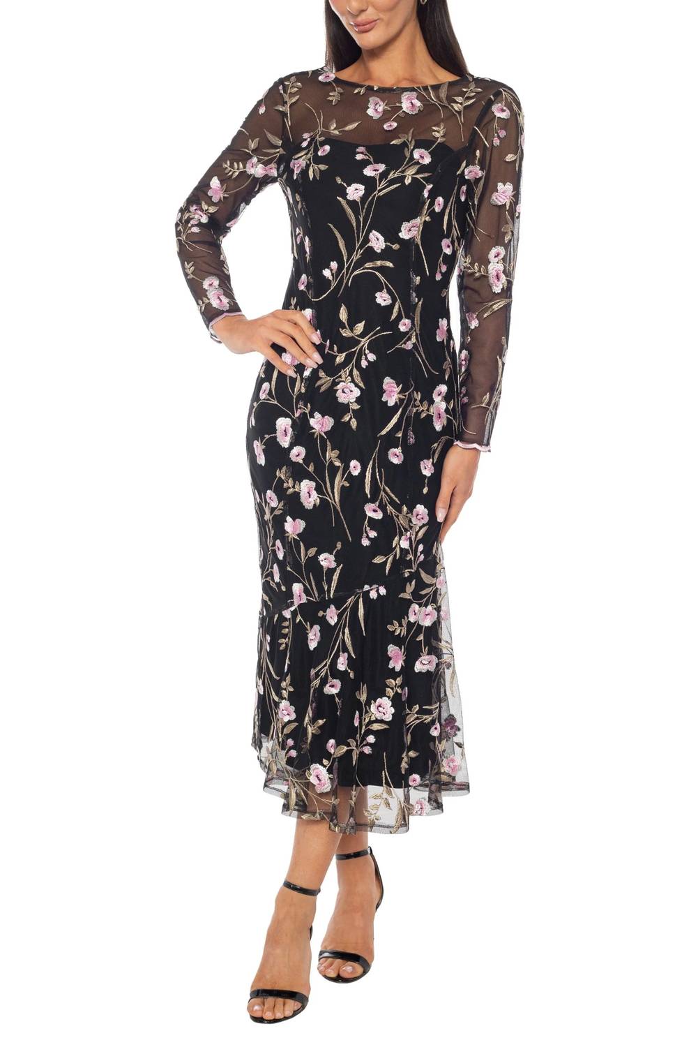 Floral Embroidered Mesh Midi Dress