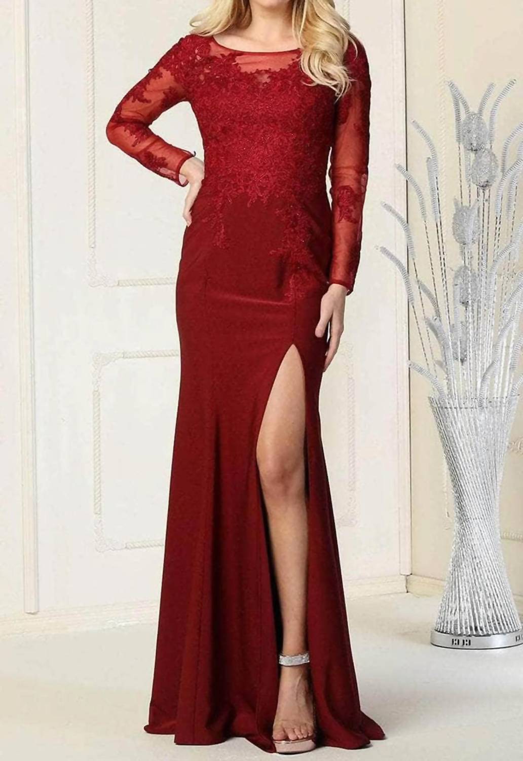 Beaded Lace Trumpet Evening Maxi Dress