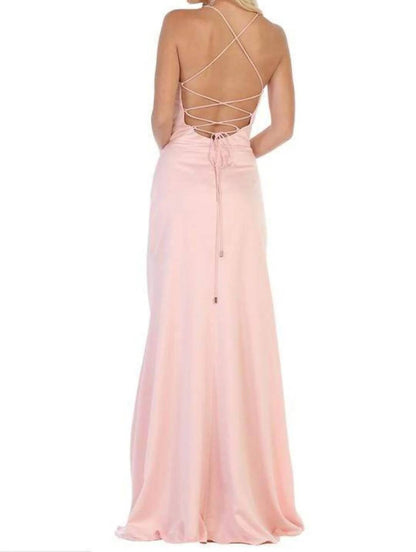 Halter Neck Strappy Back Satin A-line Gown