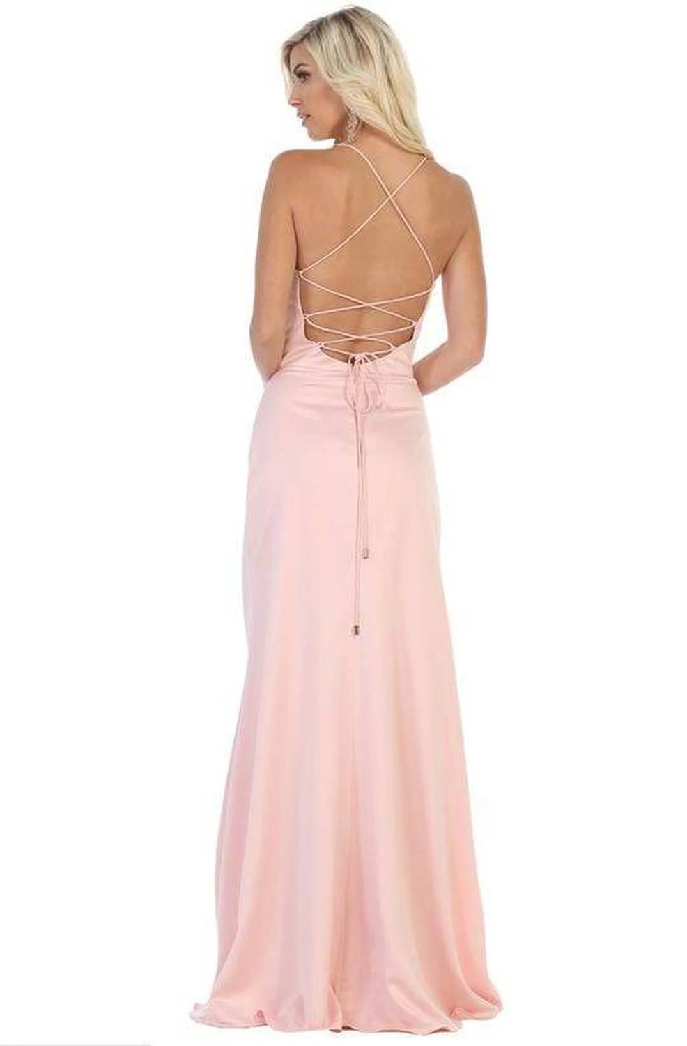Halter Neck Strappy Back Satin A-line Gown