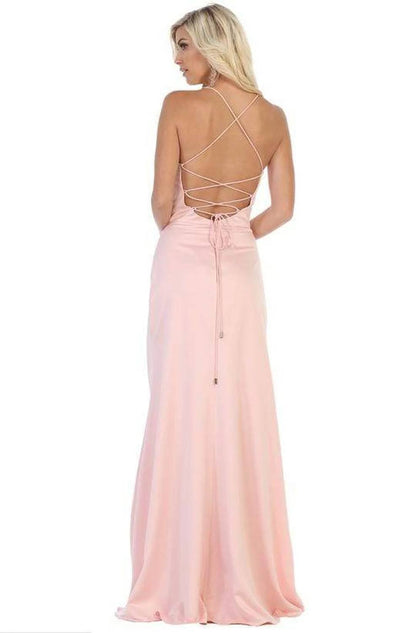 Halter Neck Strappy Back Satin A-line Gown