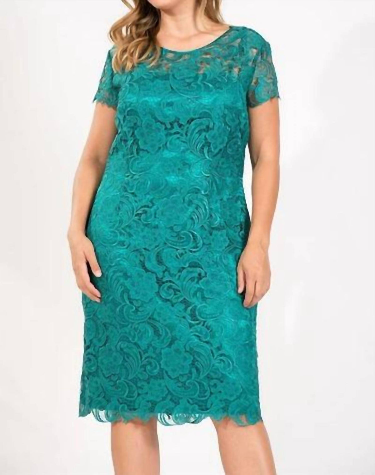 Jewel Scalloped Lace Cocktail Midi Dress