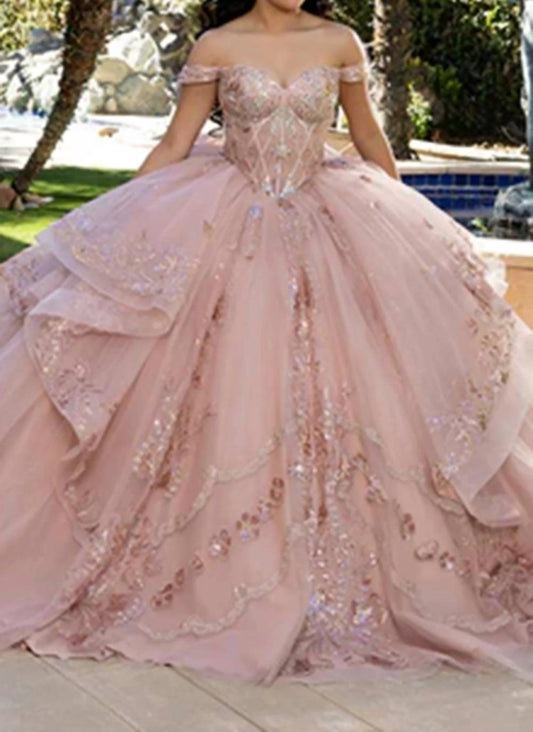 Layered Lace Off Shoulder Gown