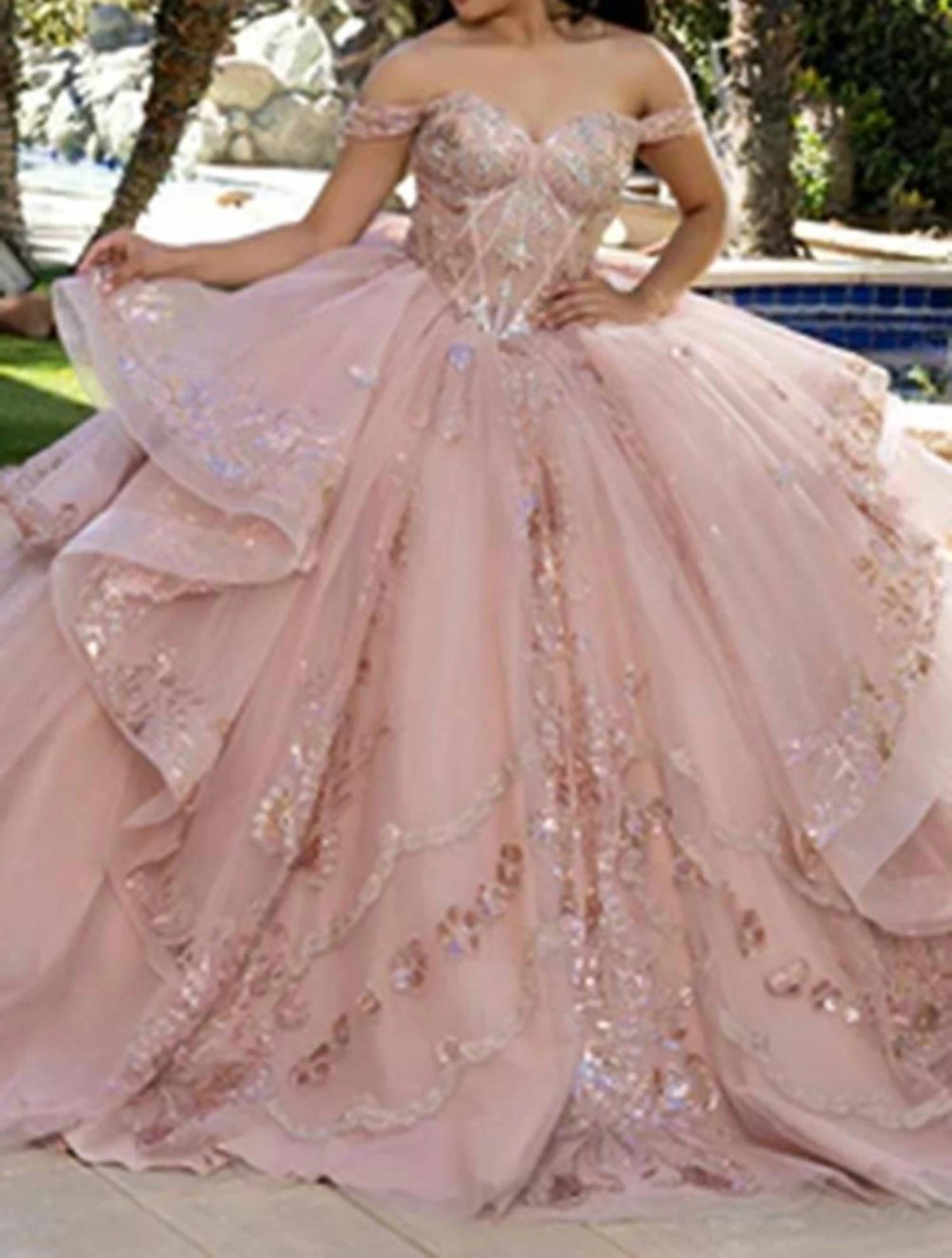 Layered Lace Off Shoulder Gown