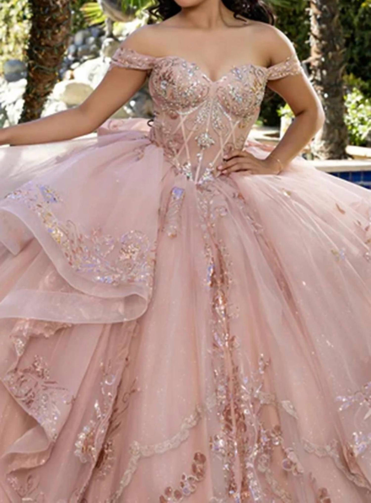 Layered Lace Off Shoulder Gown