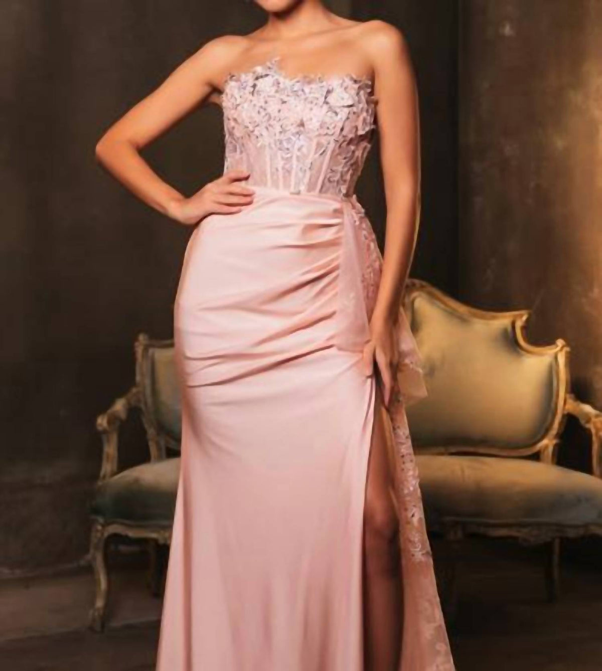 Strapless Beaded Applique Evening Gown