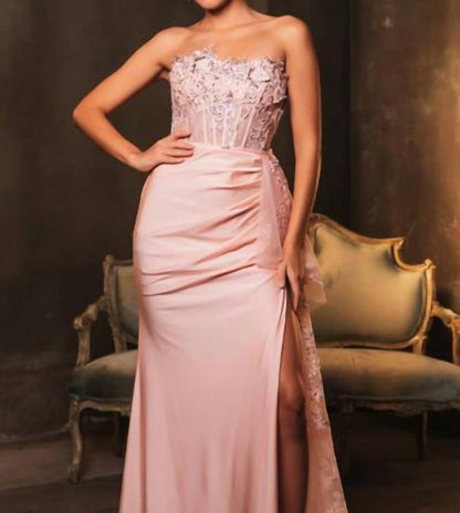 Strapless Beaded Applique Evening Gown