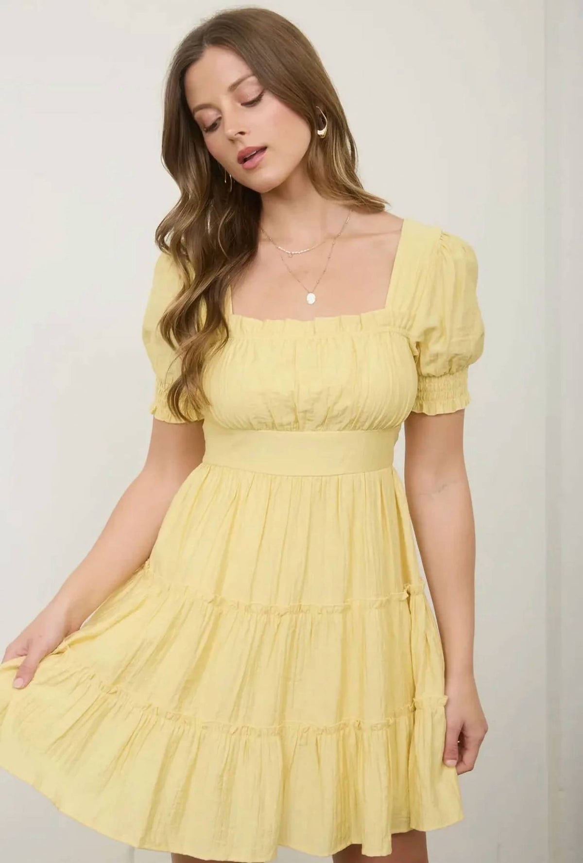Square Neck Ruffle Detail Tiered Mini Dress