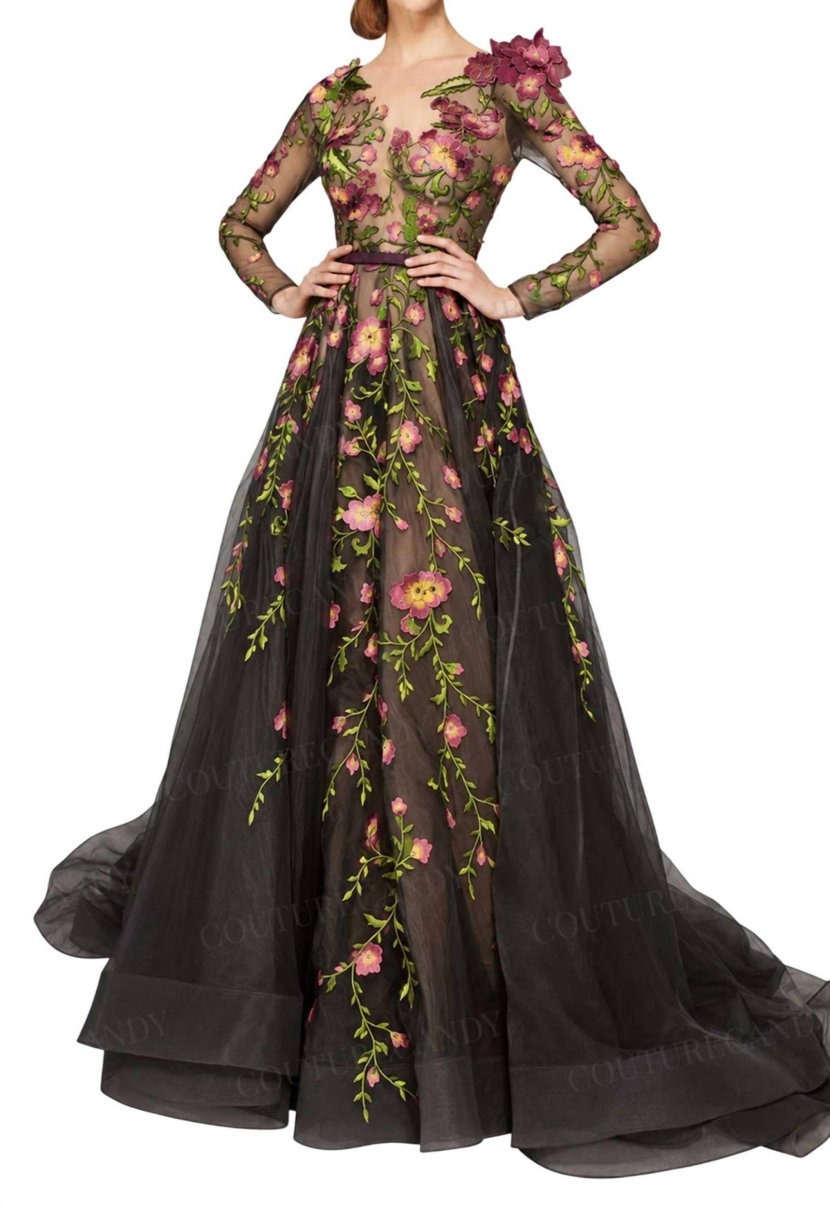 Cold Shoulder Embroidered Gown