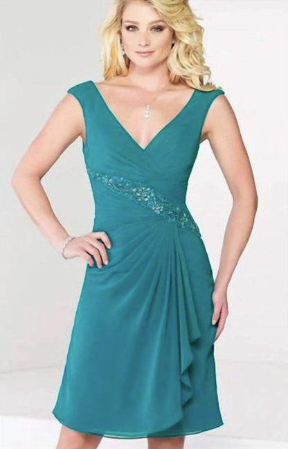 Cap Sleeves Ruched V-neck Midi Dress