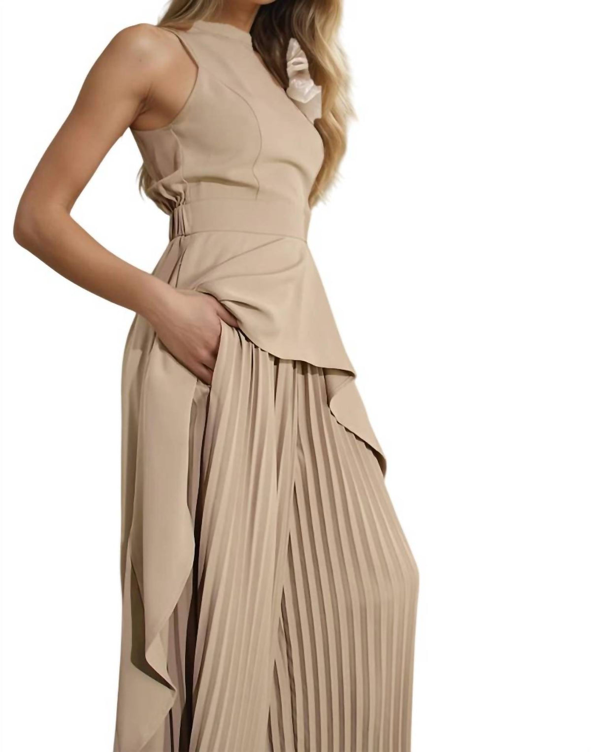 Michelle Hi-low Hem High-neck Top & Pleated Pant Set