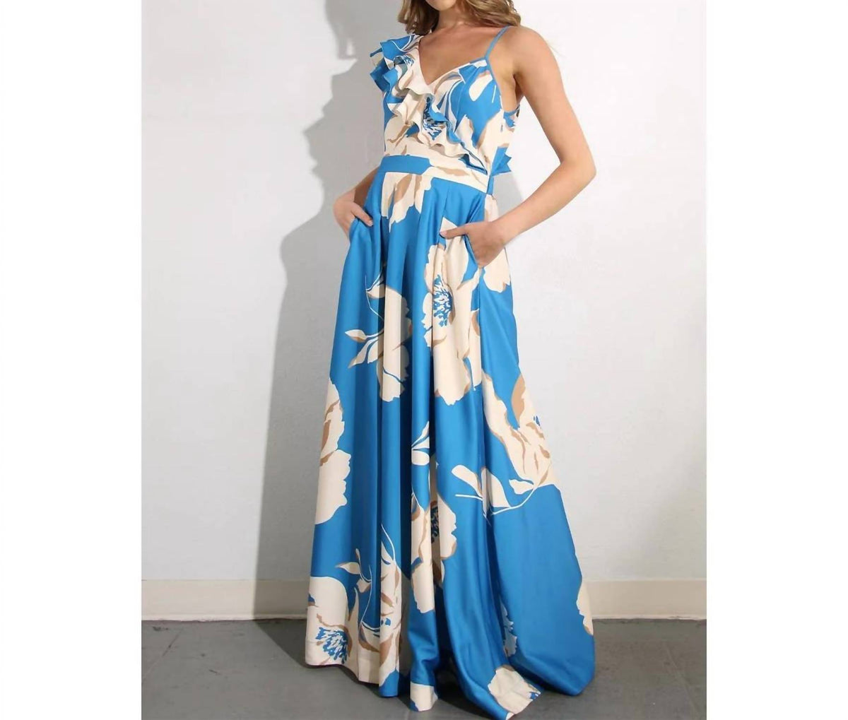 One Shoulder Ruffle Pleated Maxi Dress