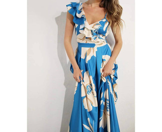 One Shoulder Ruffle Pleated Maxi Dress