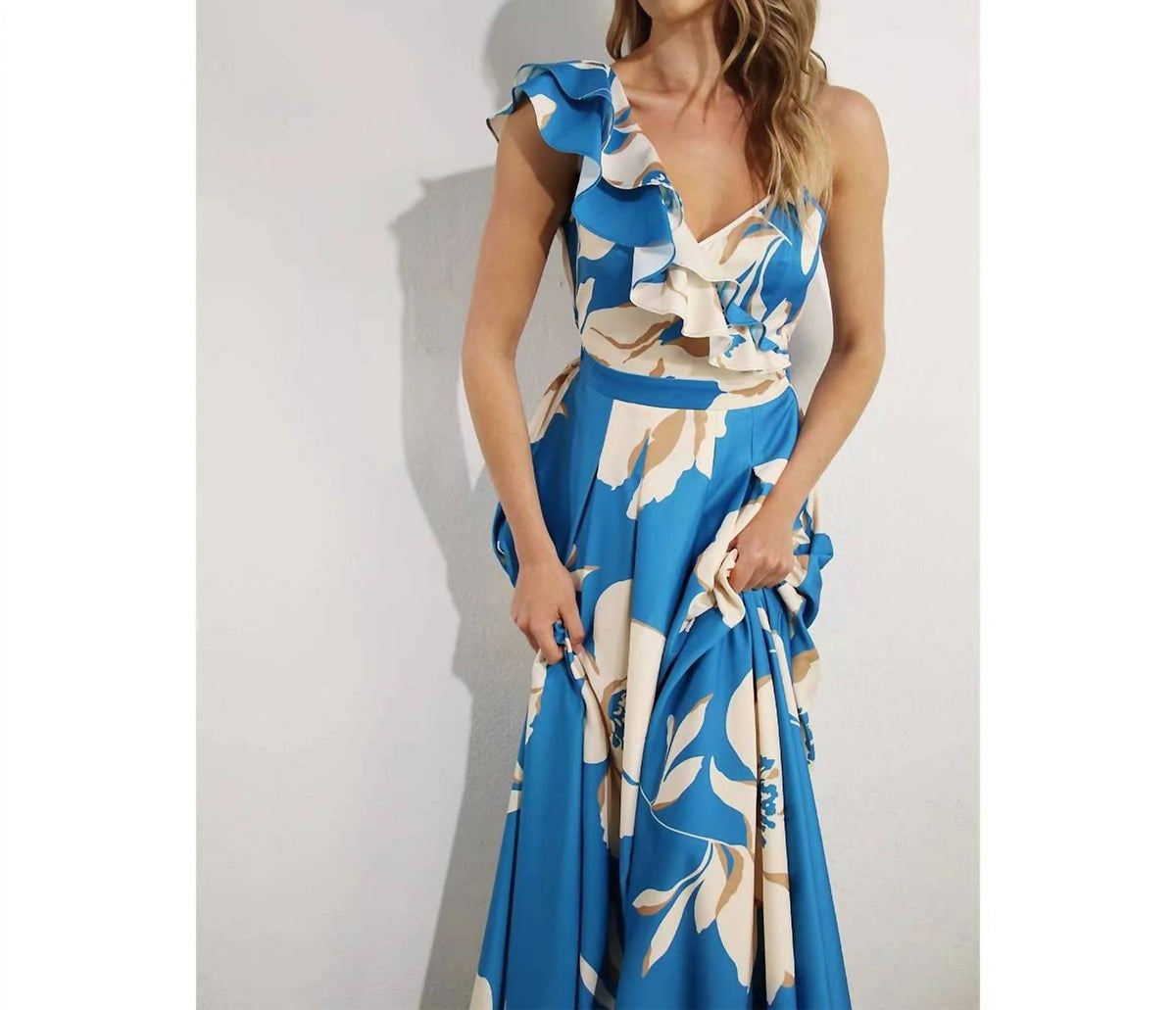 One Shoulder Ruffle Pleated Maxi Dress